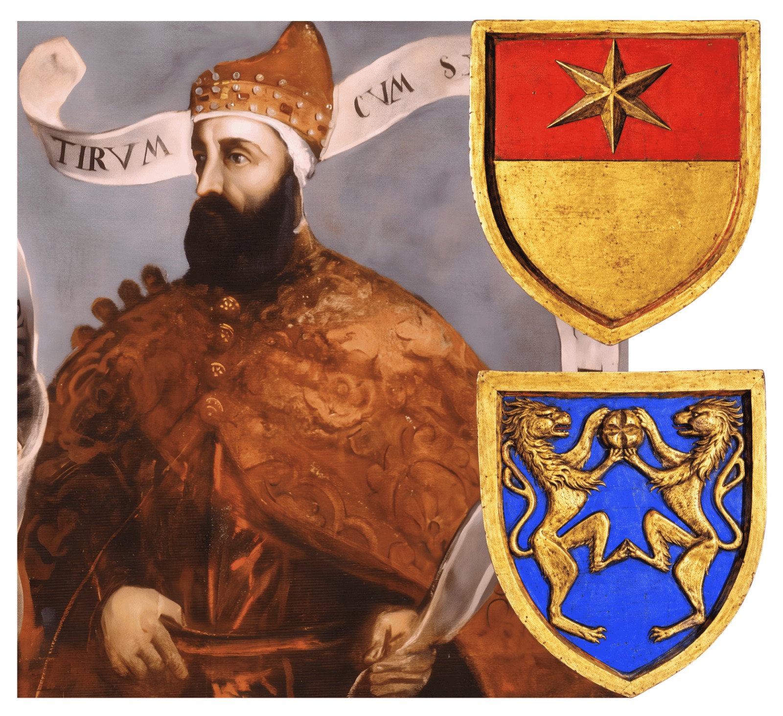 Ritratto di un uomo con barba e cappello ornato, indossando un mantello. Sullo sfondo, due scudi araldici dorati, uno con una stella rossa e l'altro blu con due leoni che si affrontano.