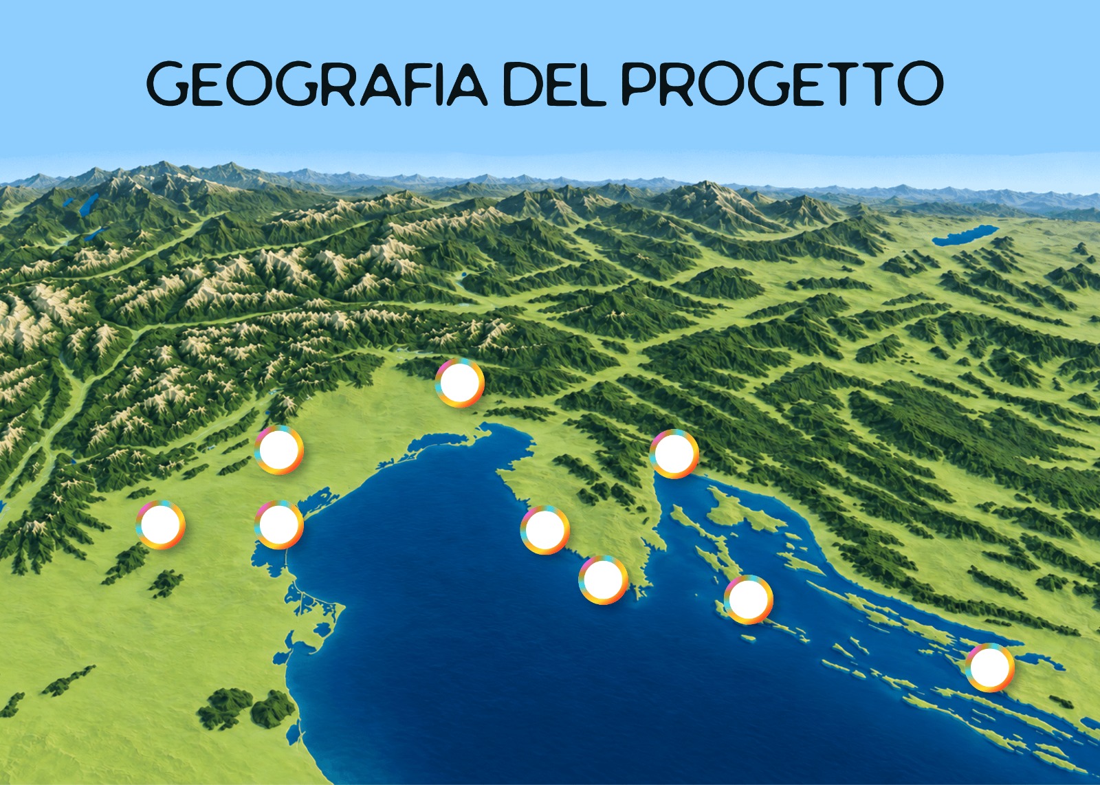 Mappa illustrativa della geografia del progetto, con aree verdi e blu e punti evidenziati.