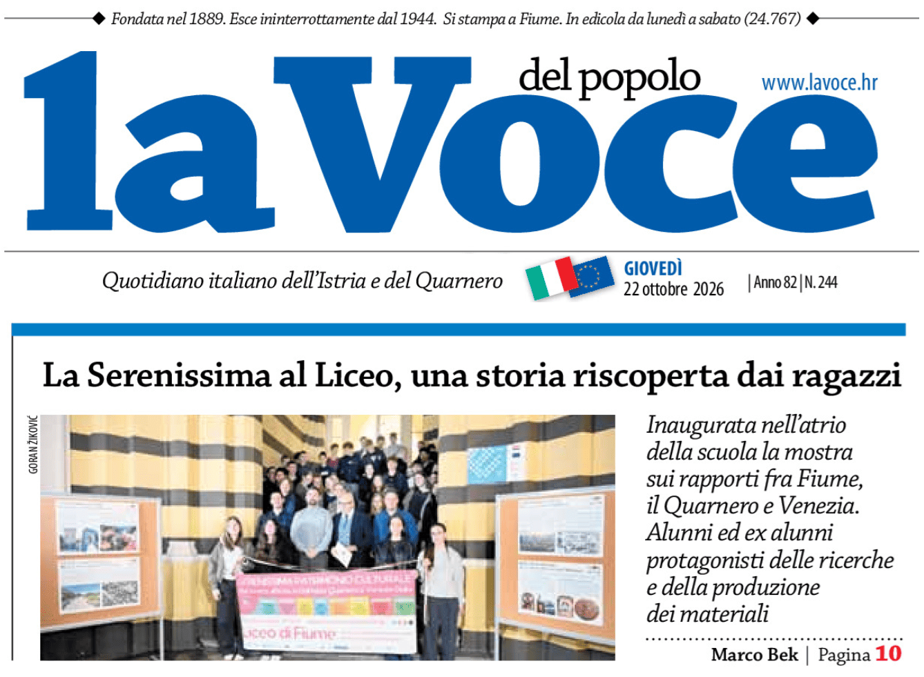 Prima pagina del quotidiano 'la Voce', con il titolo 'La Serenissima al Liceo, una storia riscoperta dai ragazzi'. Immagine di un gruppo di studenti con un cartello, all'inaugurazione di una mostra nell'atrio della scuola.