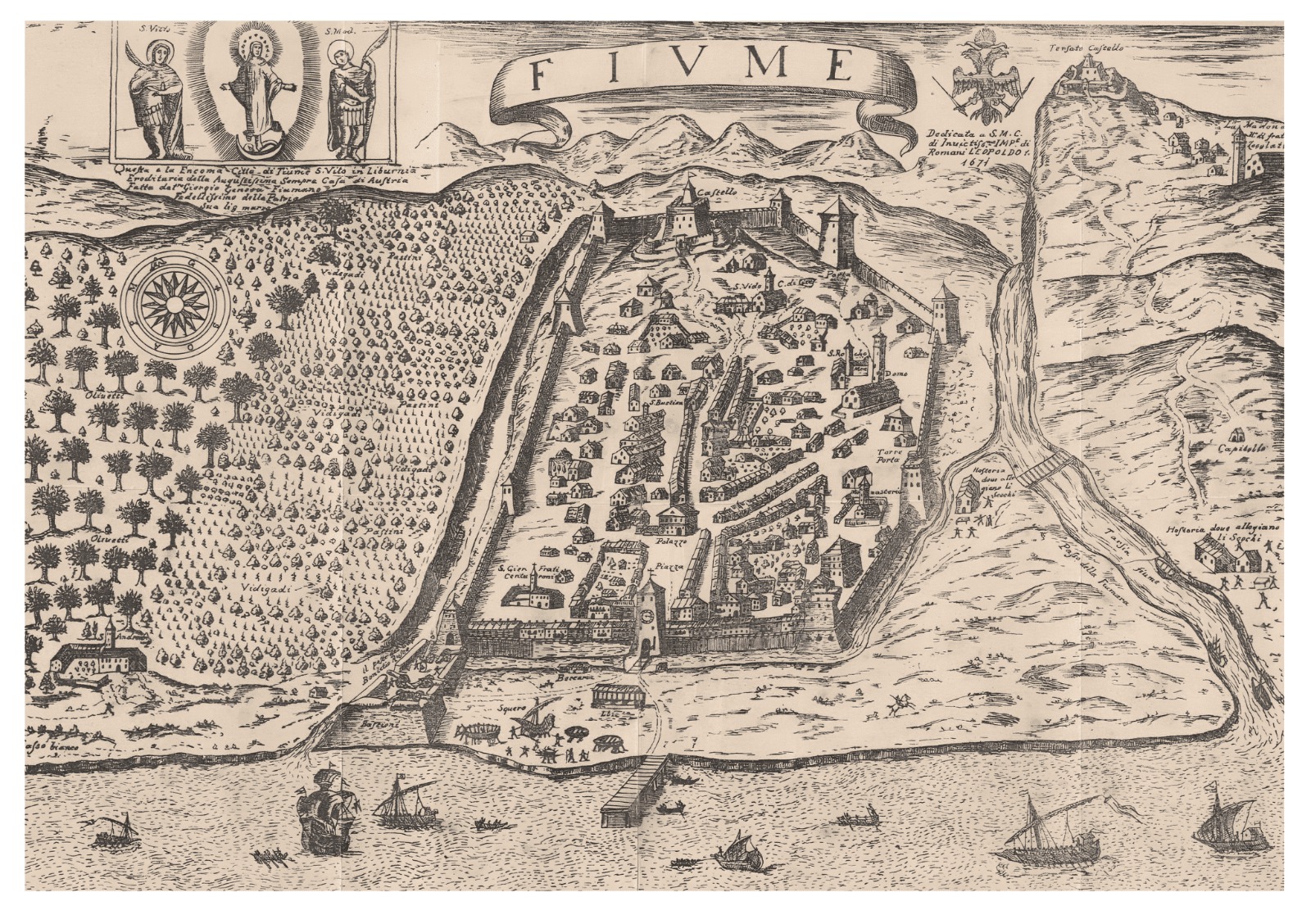 Mappa antica di una città con dettagli topografici, fiumi e vegetazione, con navi nel porto.